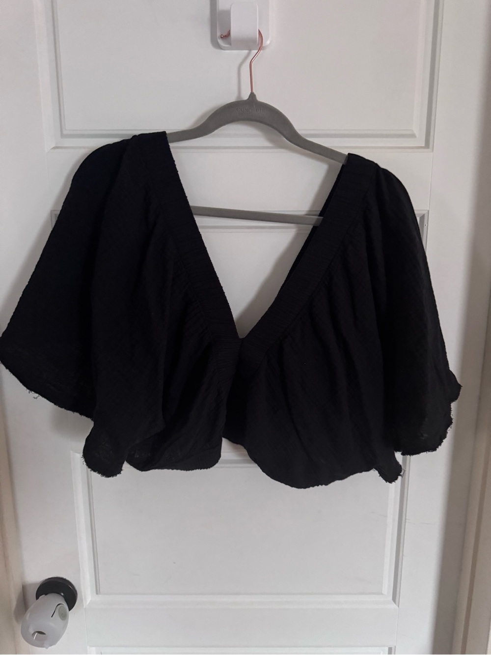 aerie Black Cropped V-Neck Flutter Sleeve Top